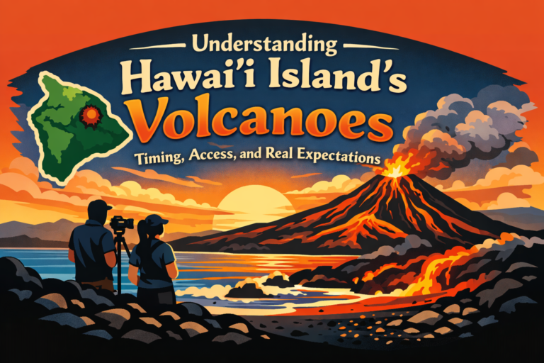 Two people viewing an erupting Big Island volcano with black sand in the foreground at sunset, illustrating Hawaiʻi Island's volcanic landscape.