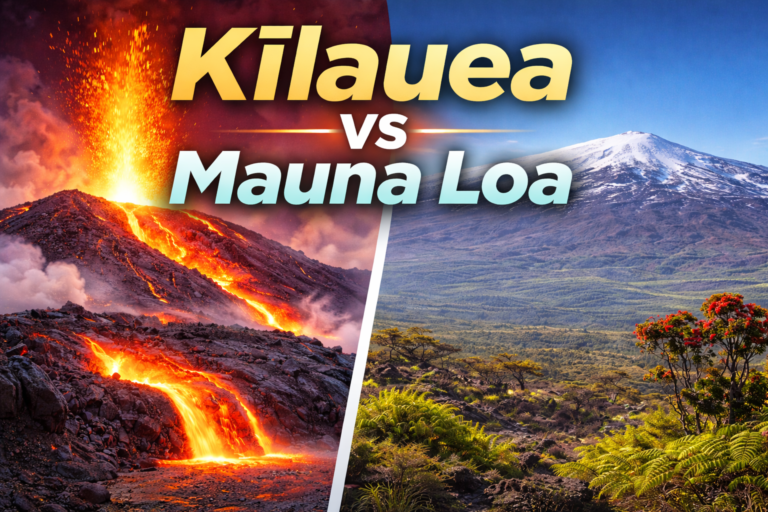 Split-view of Kīlauea lava flows with smoke on the left and Mauna Loa’s bare volcanic slopes with native Hawaiian vegetation on the right, showing a comparison of the Big Island volcanoes