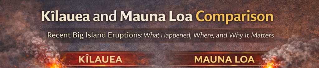 Timeline comparing recent eruptions of Kīlauea and Mauna Loa on Hawaiʻi Island, showing eruption dates and relative scale