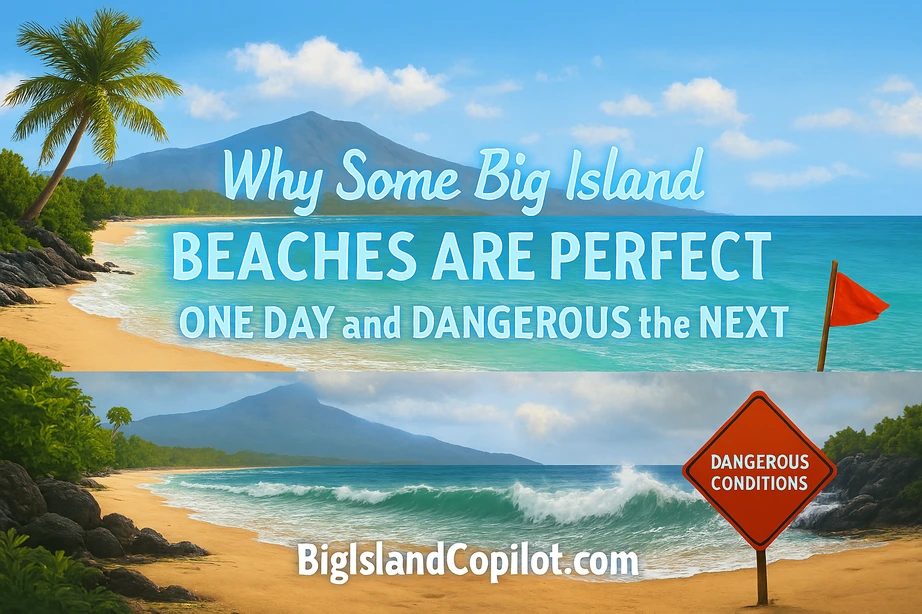 Split daytime beach scene showing the same Big Island location under two conditions. Top half: calm beach with clear turquoise water, golden sand, palm trees, and Mauna Kea in the background under sunny skies. Bottom half: same beach with choppy waves, overcast skies, and a red warning flag. Text reads “Why Some Big Island Beaches Are Perfect One Day and Dangerous the Next” with “BigIslandCopilot.com” at the bottom.