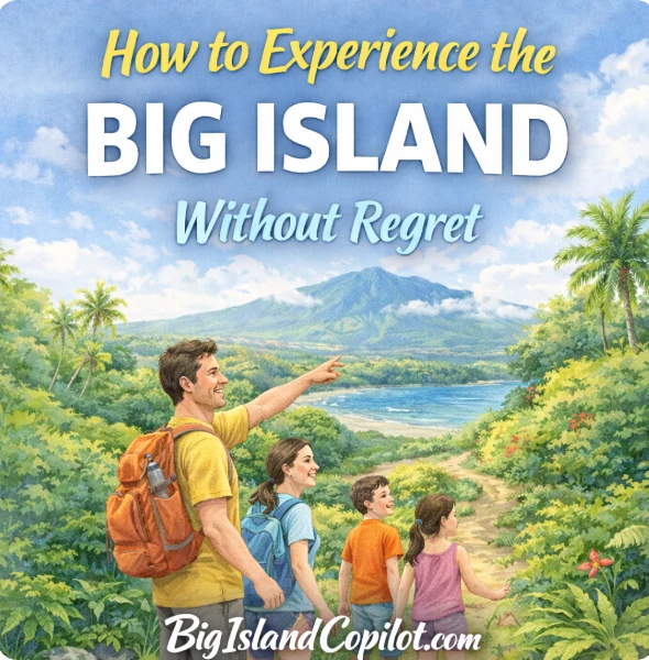 Experience the Big Island without regret feature image. Depicts a husband and with with their two kids exploring the Big Island on a hike.
