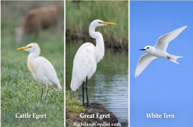 Collage of three white birds found on the Big Island of Hawaii: Cattle Egret standing in grass, Great Egret wading in water, and White Tern flying. Image labeled with each bird's name and BigIslandCopilot.com at the bottom.